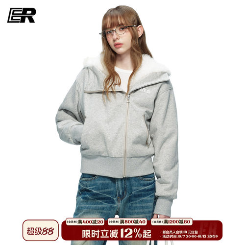 ER设计感斜拉链毛领连帽卫衣女秋季潮牌复古休闲宽松独特别致上衣