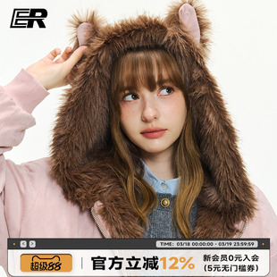 ER原创座山雕连帽棉服外套2026秋冬珍珠logo毛领夹克美式潮牌情侣