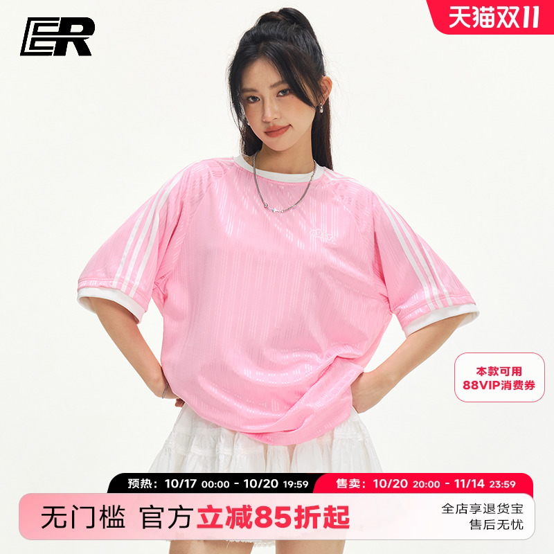 ER条纹撞色运动短袖t恤男女2025夏季国潮美式复古竖纹上衣情侣装