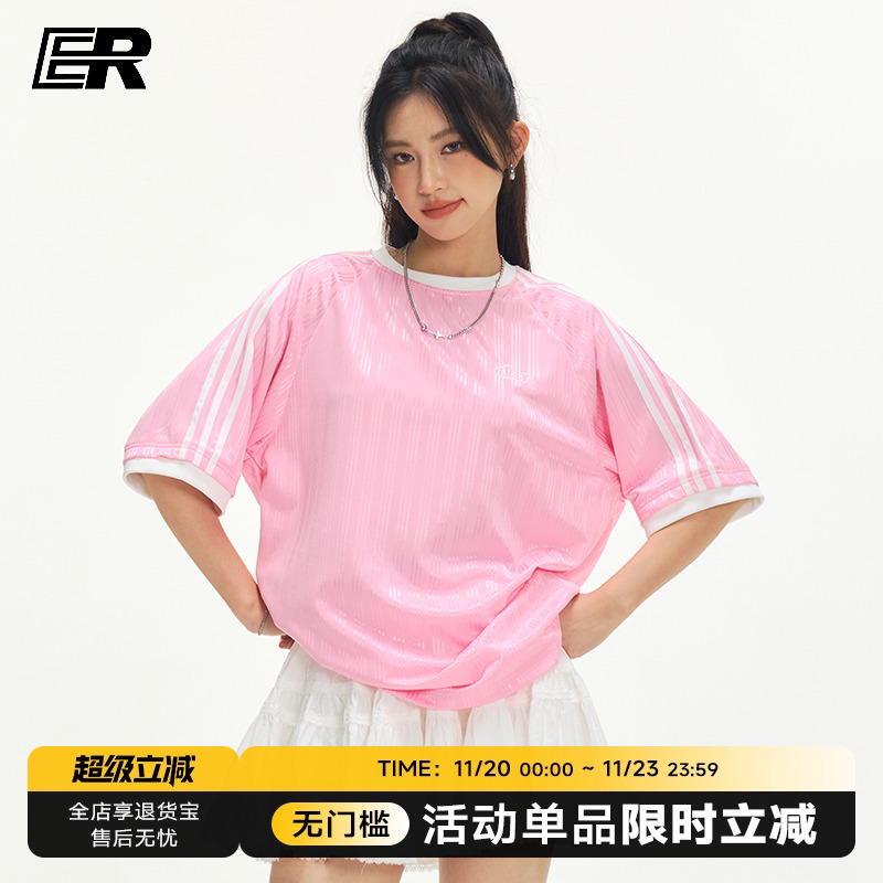 ER条纹撞色运动短袖t恤男女2025夏季国潮美式复古竖纹上衣情侣装