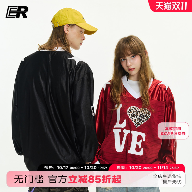 ER撞色V领豹纹爱心球服户外篮球运动网眼透气美式长袖t恤情侣装