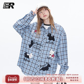 秋冬潮牌复古休闲宽松情侣装 ER可爱小狗刺绣格纹长袖 衬衫 通勤外套
