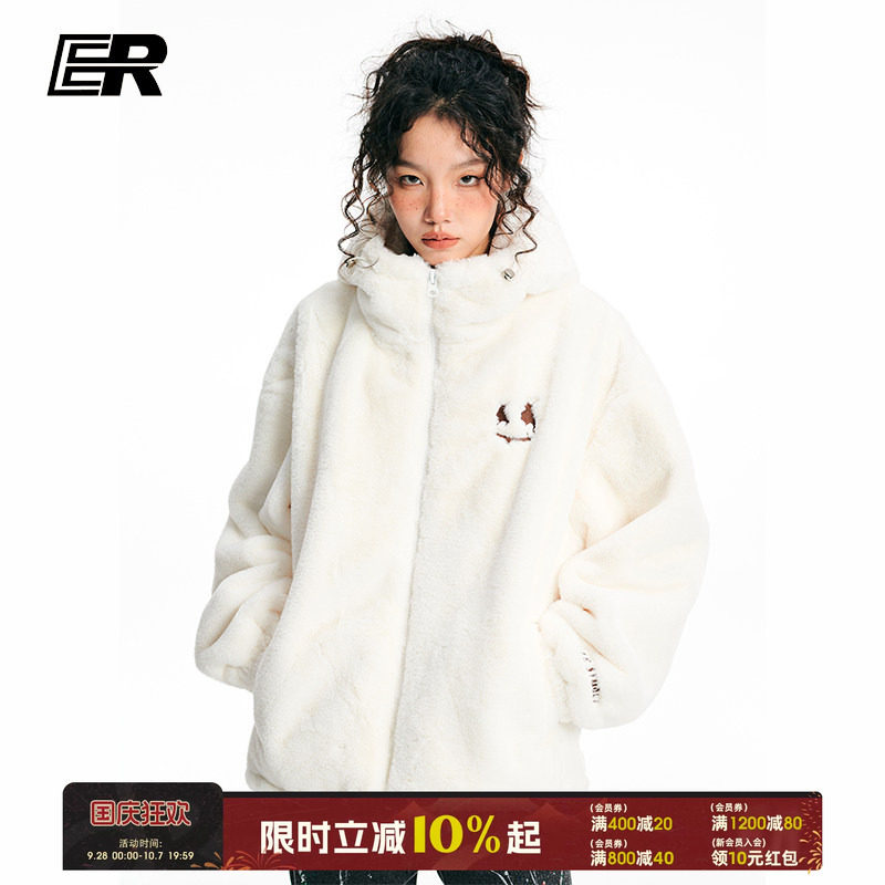 【明星同款】ER笑脸仿兔毛外套潮牌情侣宽松毛绒加厚连帽棉服图片