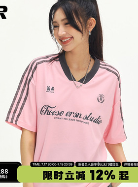 ER三条杠V领球服男女同款2026夏季新款美式情侣复古街头短袖T恤