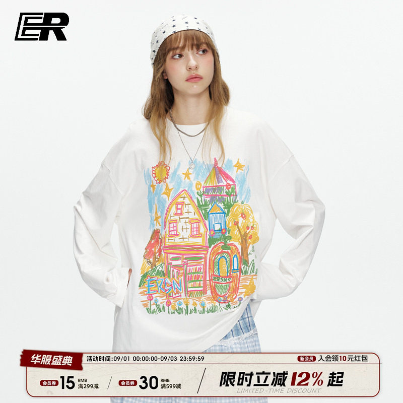 ER城堡涂鸦彩绘圆领长袖t恤图片