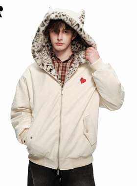 ER爱心刺绣麂皮绒豹纹连帽两面穿外套女冬季美式复古加厚保暖棉服