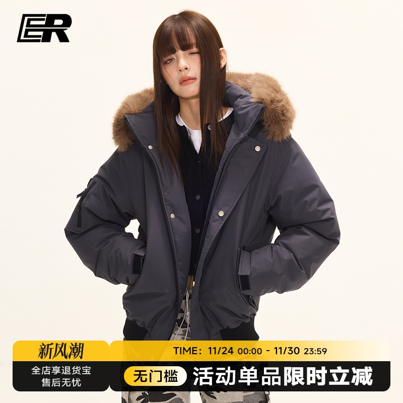 ER大毛领羽绒派克服男女冬季新款潮牌工装90白鸭绒防寒外套