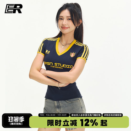 ER美式y2k正肩短袖t恤女球衣辣妹修身掐腰潮牌撞色V领上衣夏季