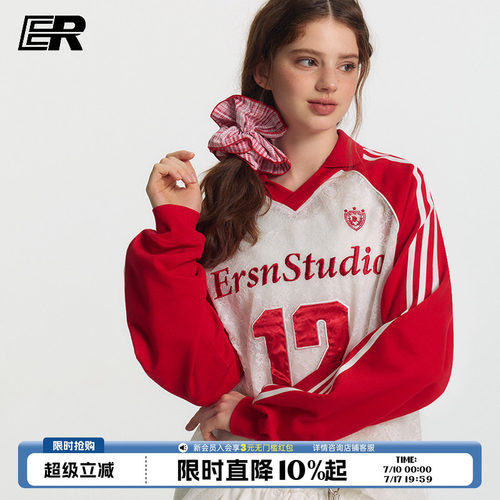 ER蕾丝透视感镂空插肩袖V领长袖t恤女国潮美式运动12号冰球服罩衫