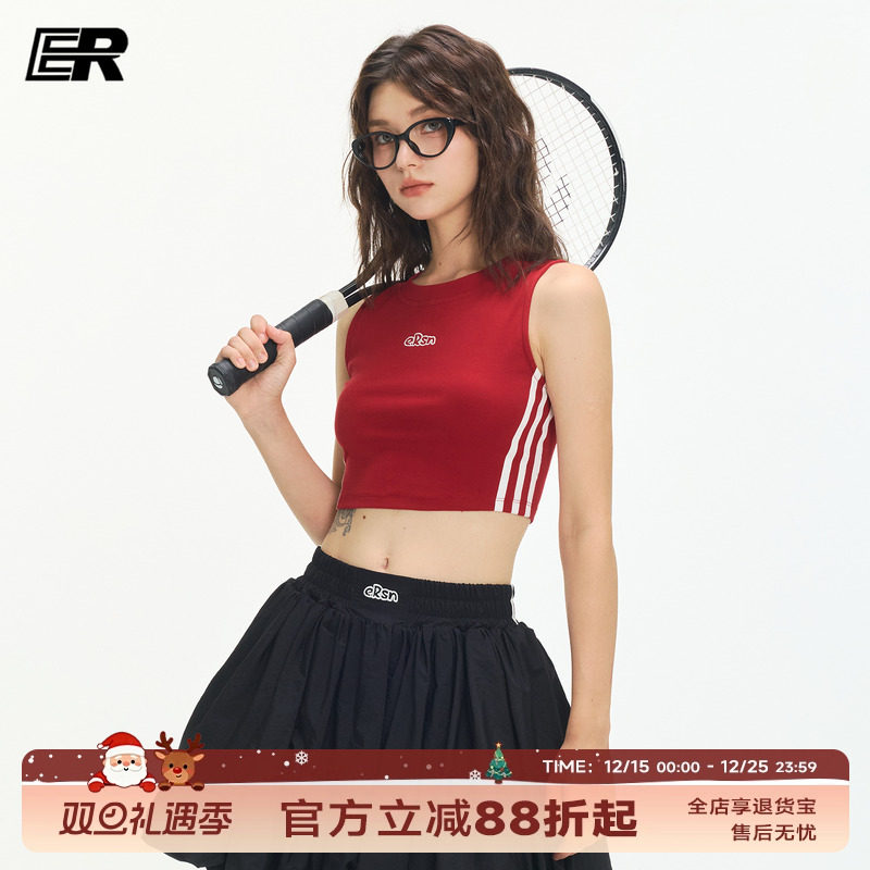 ER侧织带网球运动背心女夏高街辣妹短款显瘦无袖外穿掐腰健身美背
