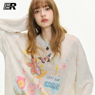 ER植物彩绘薄款物理防晒罩衫男女国潮街舞嘻哈潮流外穿长袖上衣