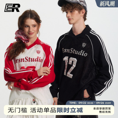 【张雅琪】ER设计感蕾丝透视V领撞色条纹运动球服街头风长袖t恤