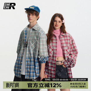 情侣装 2026春秋新款 复古格子衬衣 衬衫 ER贴珠渐变格纹撞色长袖