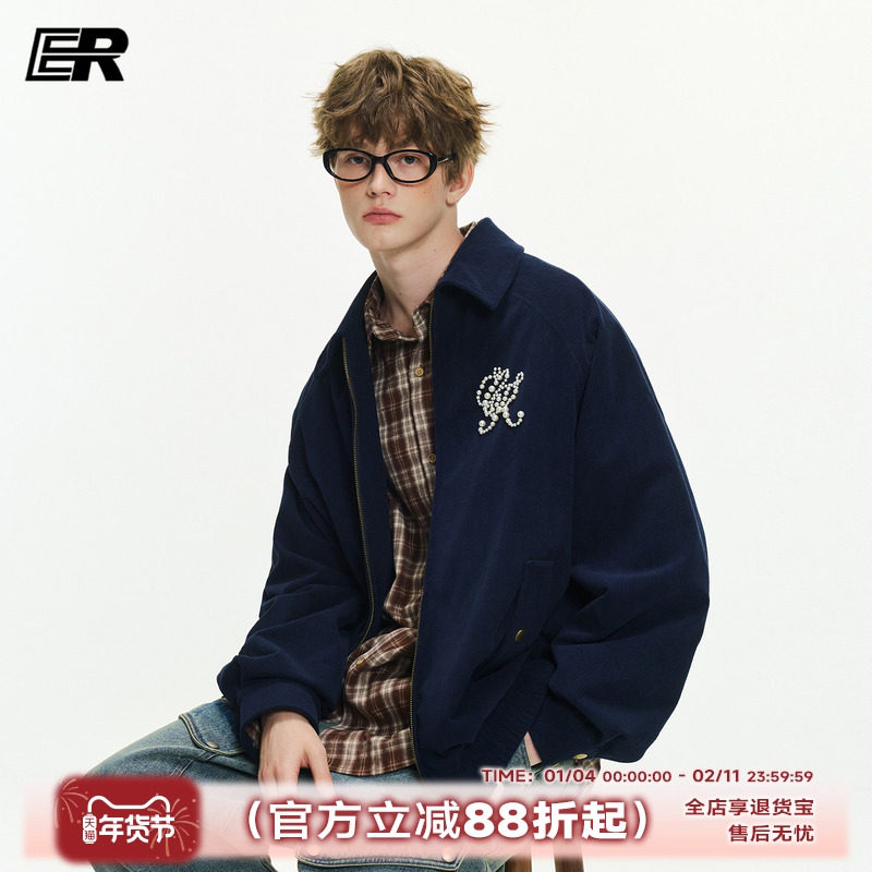 ER绣珠灯芯绒翻领哈灵顿夹克秋冬新款潮牌宽松小众设计感外套情侣,男装,夹克,淘宝优惠券,粉丝福利购,淘宝优惠卷