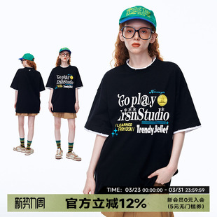 设计感小众潮牌上衣休闲情侣装 ER原创假两件国潮字母短袖 T恤夏季