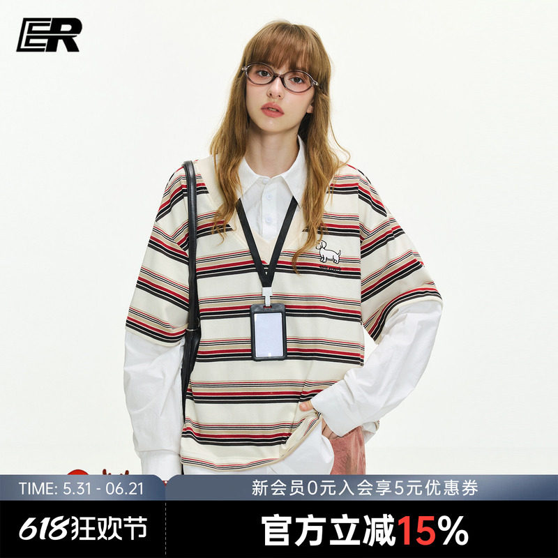 【明星同款】ER假两件小狗刺绣条纹Polo领长袖T恤男女学院风上衣