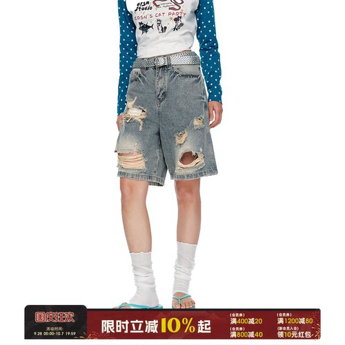 ER美式复古破洞牛仔五分裤