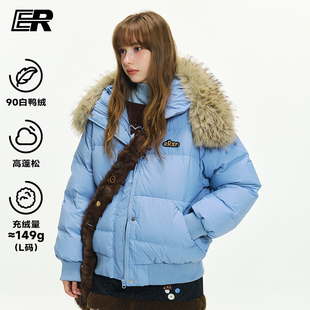 ER刺绣大毛领90白鸭绒连帽羽绒服冬季户外滑雪潮牌防寒保暖外套