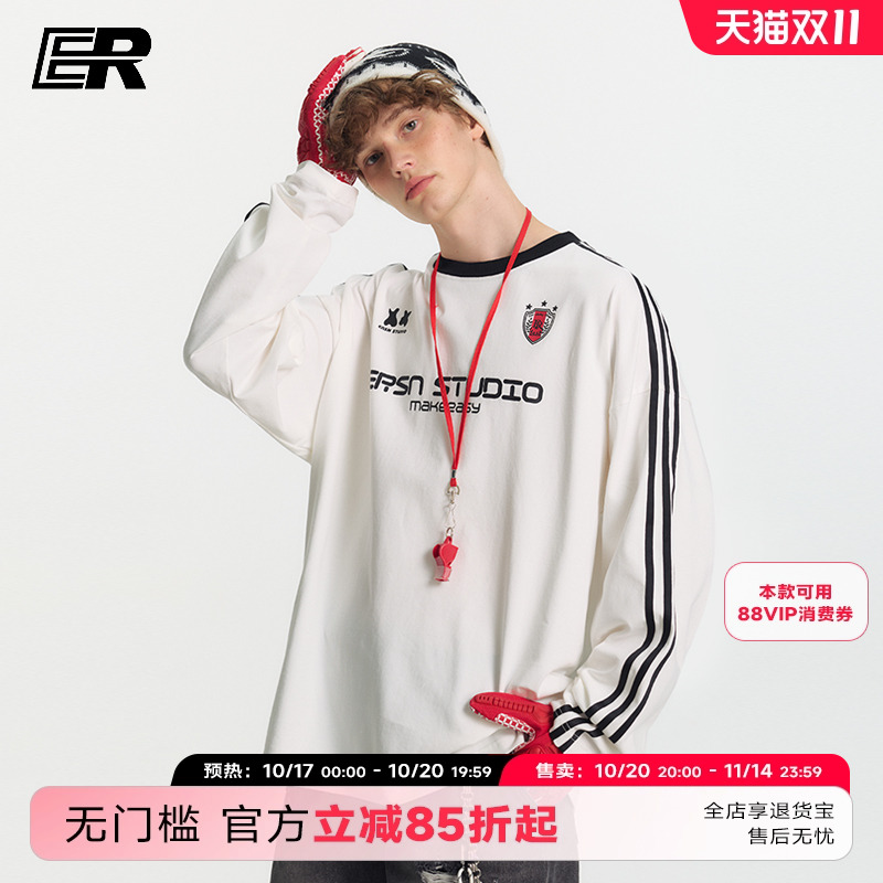 【左奇函】ER撞色领条纹长袖T恤男女秋季学院风美式潮牌打底衫