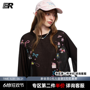 ER手绘涂鸦印花长袖T恤夏季潮牌休闲宽松轻薄罩衫慵懒风上衣
