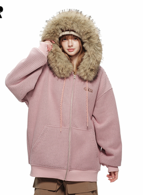 ER肌理感撞色条纹毛领连帽重磅卫衣春季新款潮牌复古拉链开衫外套