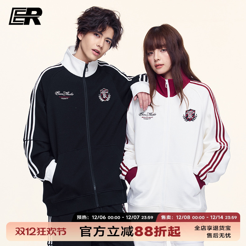 ER泽西风徽章华夫格条纹撞色卫衣