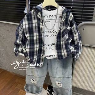 男童秋装儿童春秋款韩版潮流格子设计休闲中大童宽松衬衫连帽外套