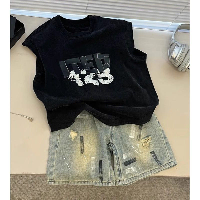 男童套装2026夏季新款中小童装清凉无袖背心酷帅宝宝破洞牛仔短裤