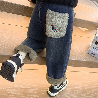 儿童加绒牛仔裤冬季女童羊驼绒