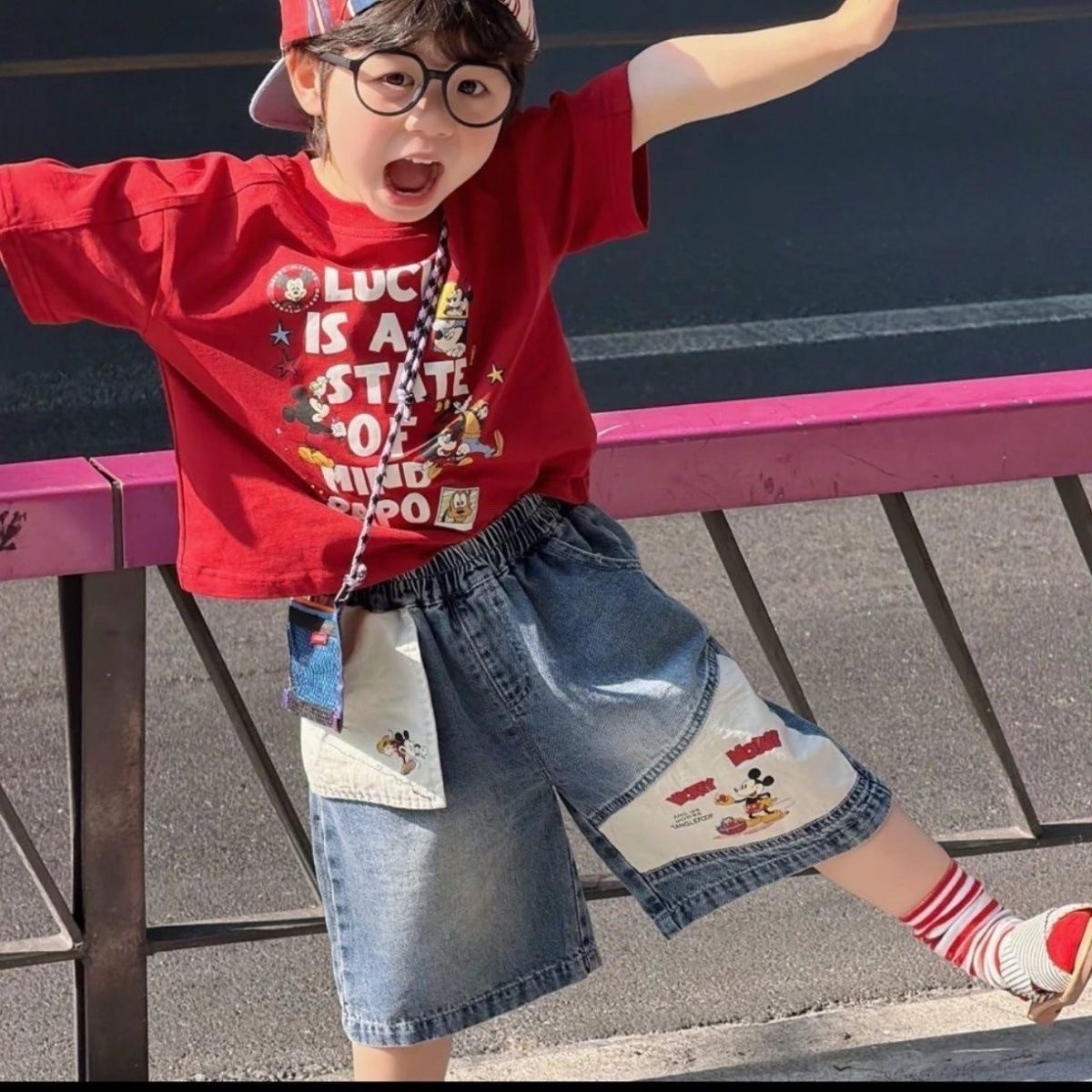 男童韩系套装2026夏季新款儿童米奇印花短袖宽松牛仔五分裤童装