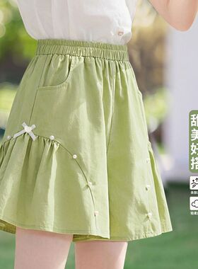女童绿色系带短裤显瘦2026夏装新款洋气儿童高腰裤子女孩阔腿裤