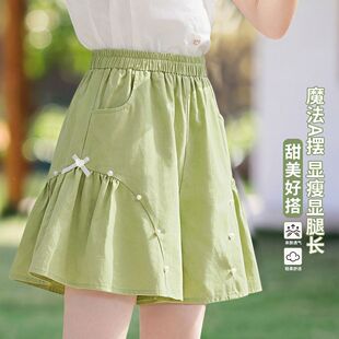 女童绿色系带短裤显瘦2026夏装新款洋气儿童高腰裤子女孩阔腿裤