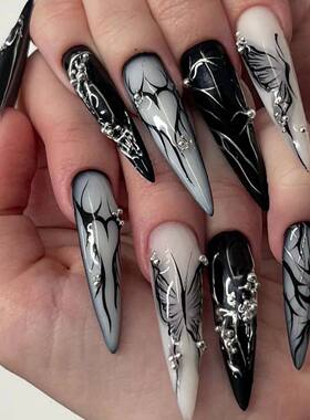 24Pcs Black Y2k Fake Nails with Diamond Halloween Long Almon