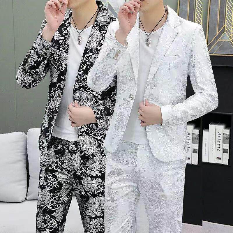 春秋个性花色图案小西装外套男夜场帅气烫金休闲演出服西服套装