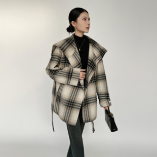JIACIMEI秋冬黑白格子羊毛羊绒毛呢大衣女高级感开衫外衣保暖外套