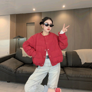 韩版宽松圆领棉服女短款无领外套小个子薄款棉衣棉服2026新款早春