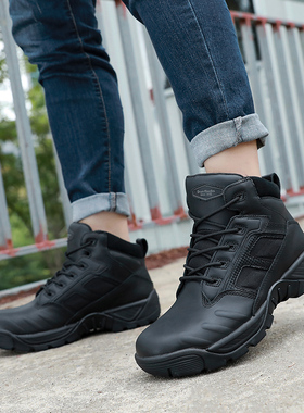 冬季君洛克旗舰店D12013防刺战术靴男士黑色耐磨真皮中帮作战靴