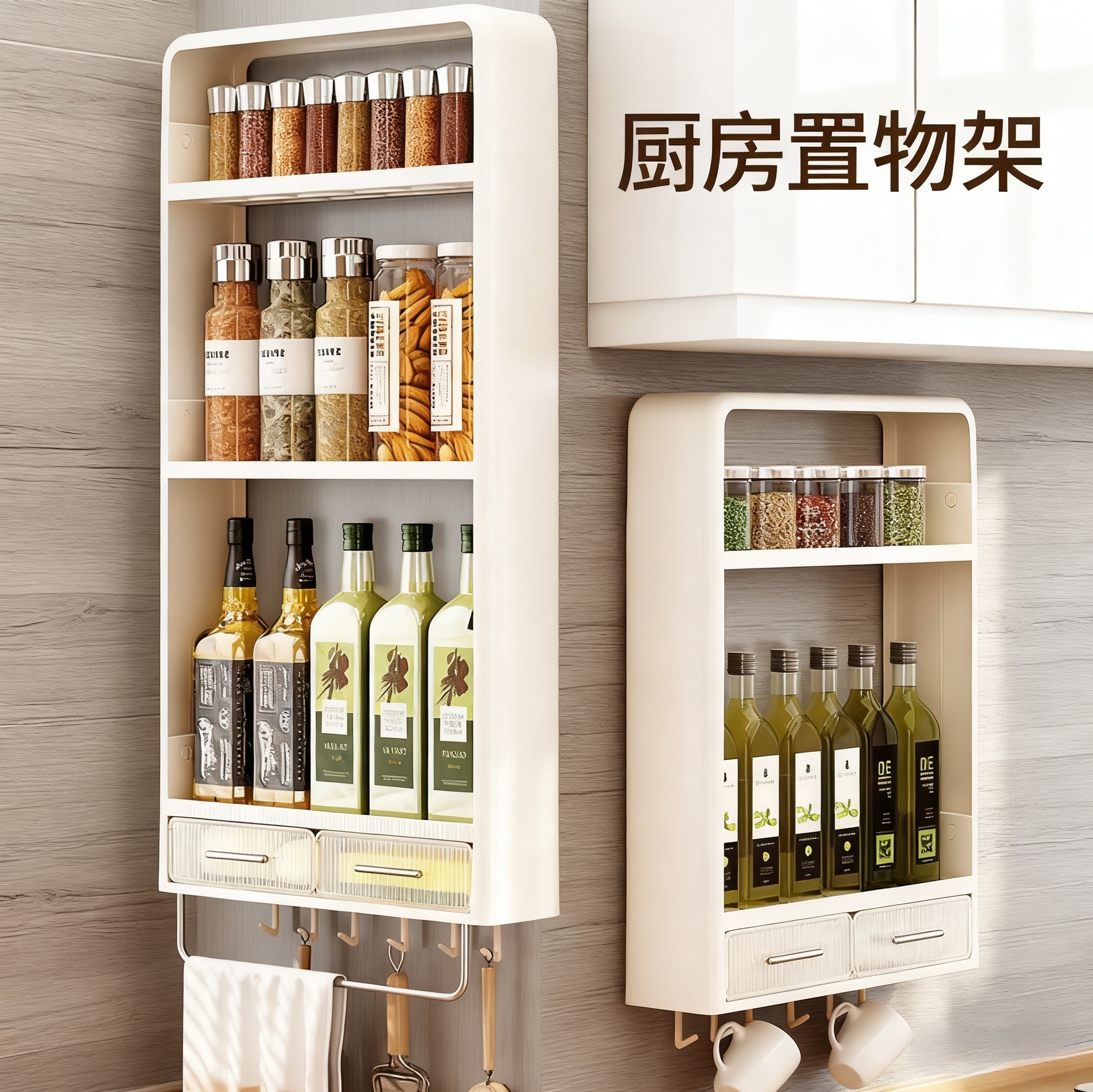 厨房置物架免打孔壁挂多层橱柜调料罐厨房免打孔收纳置物架调料架