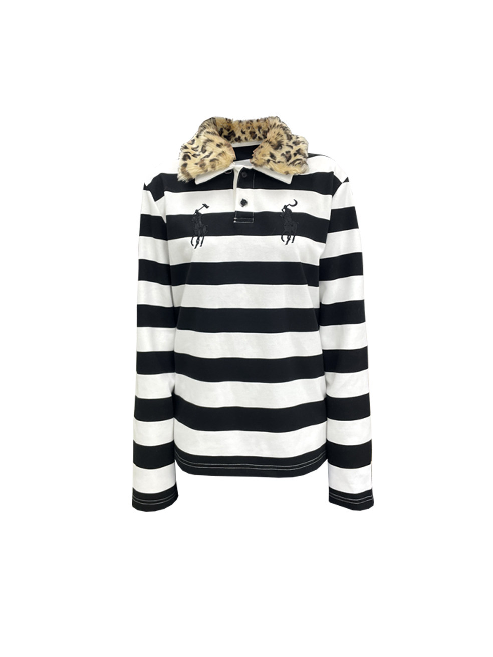 thumbnail for CHAI (detached) bootleg embroidery long sleeve polo cotton original design detachable leopard print fur collar long sleeve