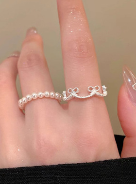 蝴蝶结皇冠珍珠戒指女小众设计感简约波浪线条食指戒日常百搭指环