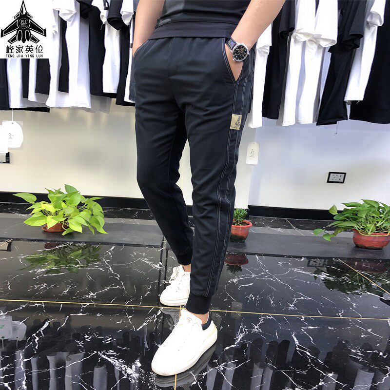 潮男秋冬新款小脚哈伦裤潮流男个性条纹长裤小腿韩版修身男休闲裤