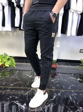 条纹长裤小腿韩版修身男休闲裤
