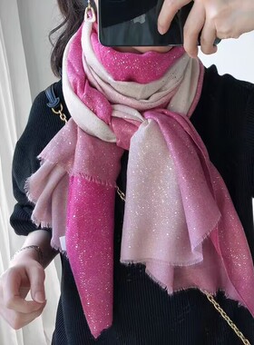 2026春秋新款韩版绿色渐变围巾女冬季百搭时尚长方形披肩两用围脖