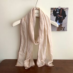 米色护颈椎棉麻围巾女士薄款百搭纯色窄款细长条文艺装饰丝巾夏季