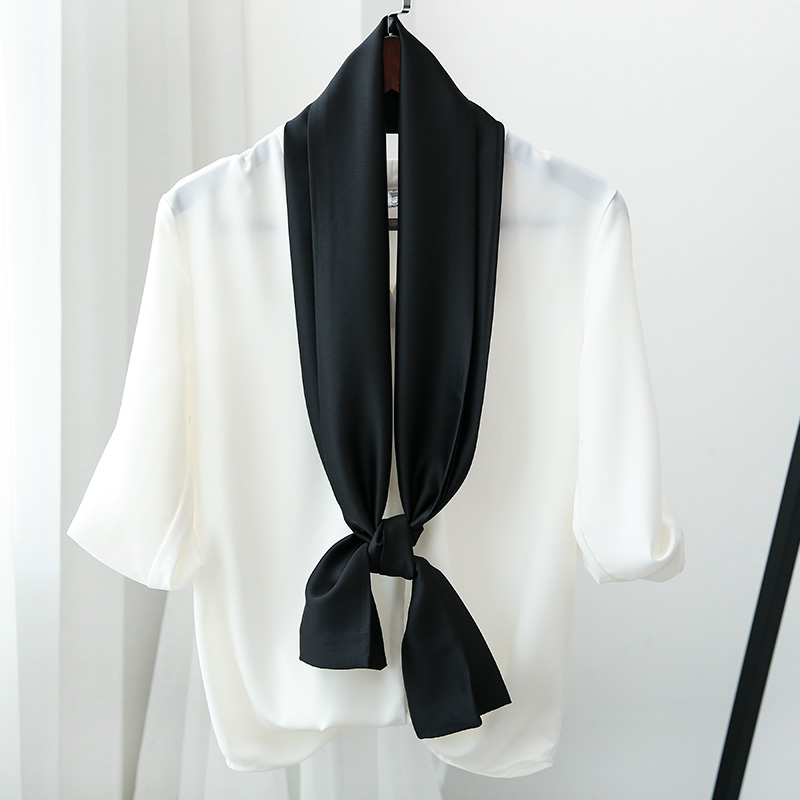 韩版黑色纯色潮细窄长条小丝巾女