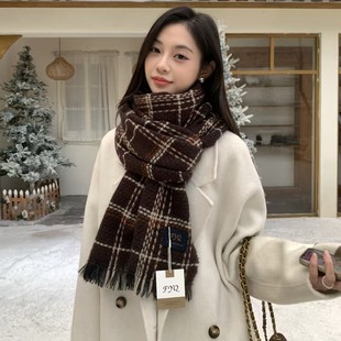 围巾女冬季 冬天百搭双面加厚送礼保暖围脖 高级感格子披肩2025新款