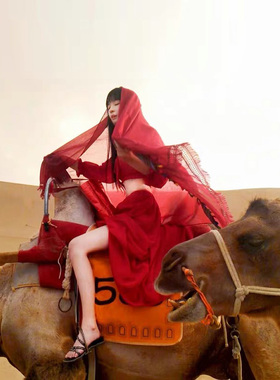 披肩女民族风红色超大围巾沙漠