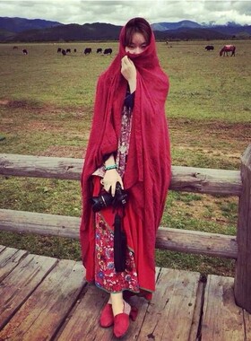 敦煌沙漠披肩女春秋长款民族风纱巾超大西北青海湖棉麻薄红色围巾