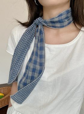 格子细长条窄丝巾女百搭装饰小领巾长款条纹腰带发带绑包棉麻飘带