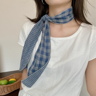格子细长条窄丝巾女百搭装饰小领巾长款条纹腰带发带绑包棉麻飘带